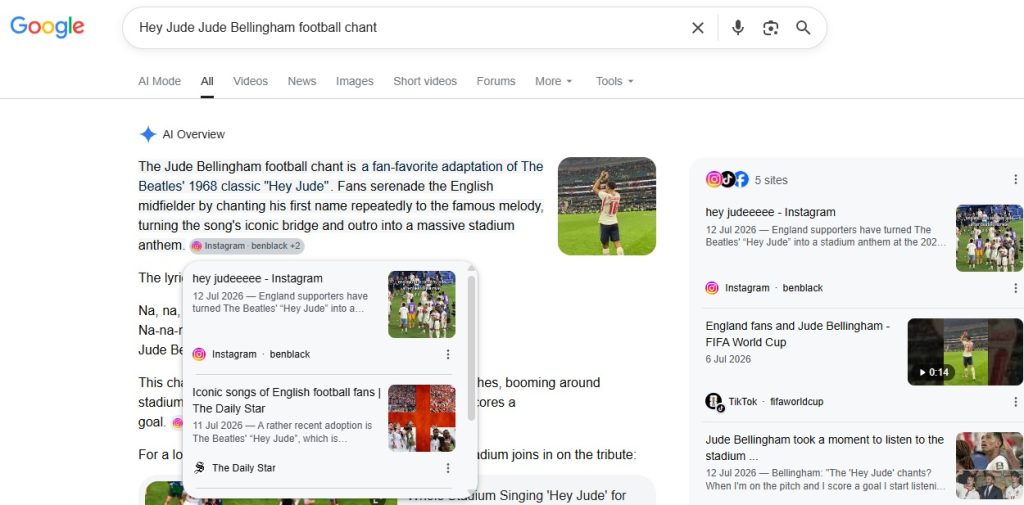 hey jude bellingham football chant on google ai overviews